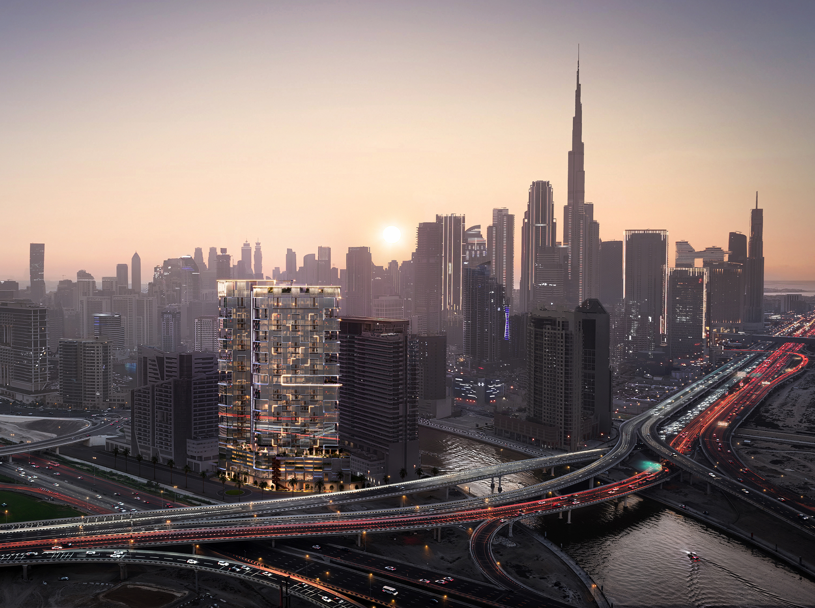 Evening aerial of modern business complex with illuminated glass buildings and active street life — produced with 3D exterior visualization services.
