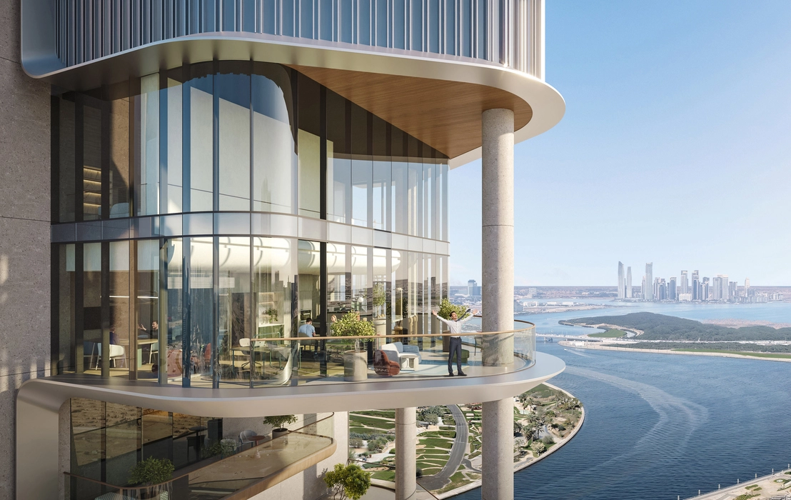 3d warehouse rendering of a logistics distribution center with wide loading areas, docked trucks, office space, and modern industrial materials at sunset.