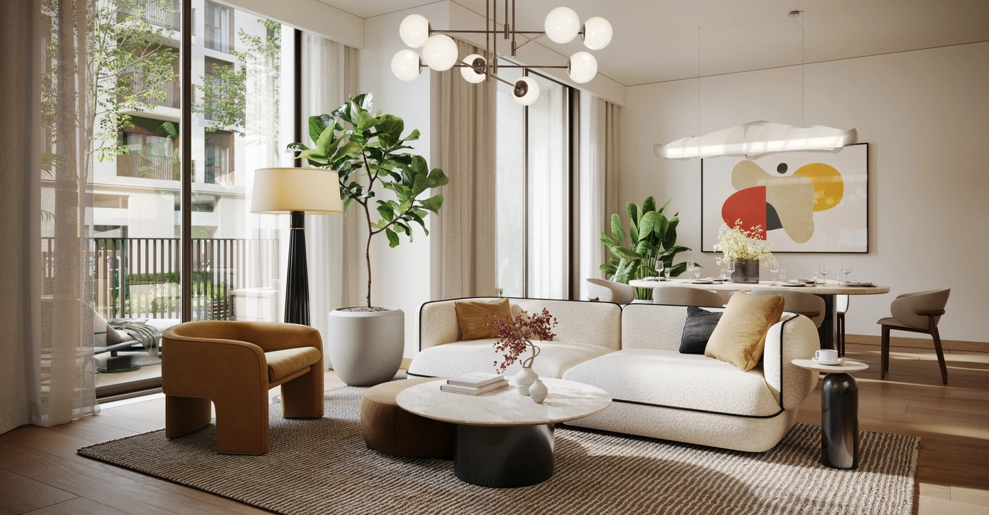 Luxury apartment living room with contemporary furniture and natural light, illustrating building a real estate portfolio through high-end residential investments.