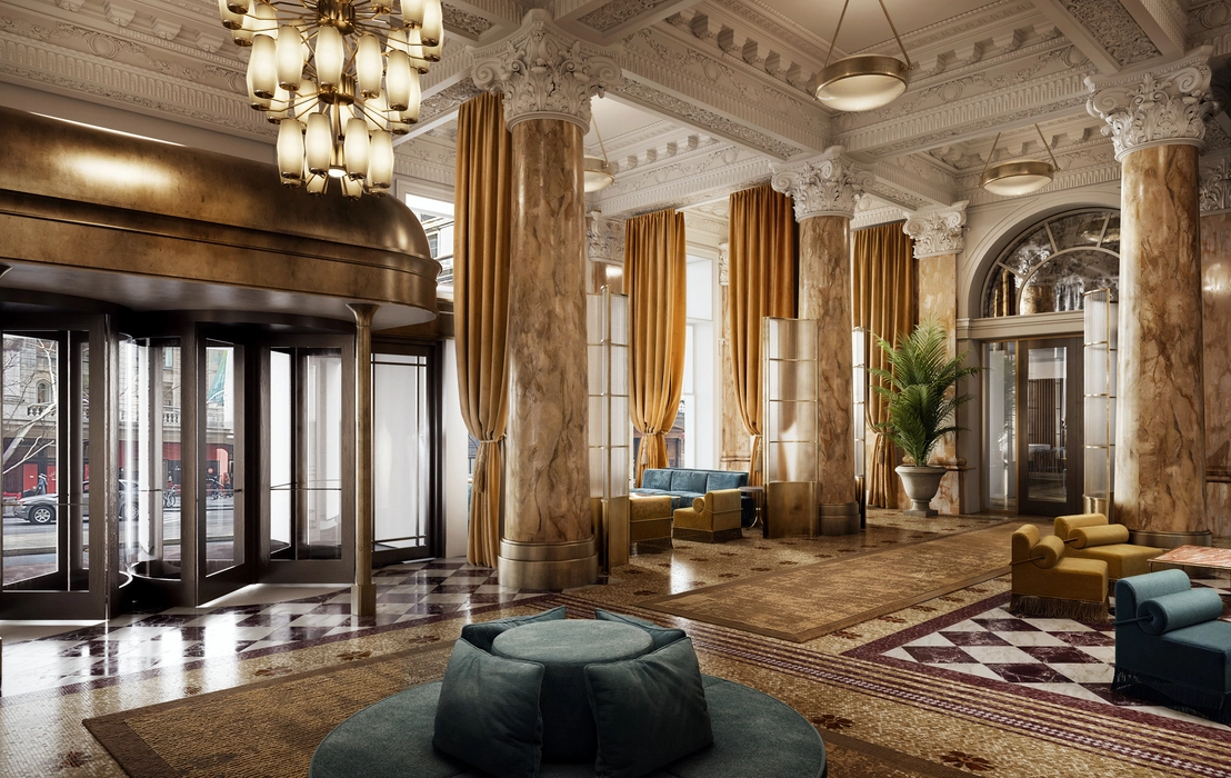 Grand luxury hotel lobby with marble columns, chandeliers, and classic architectural details representing upscale hospitality design interior.