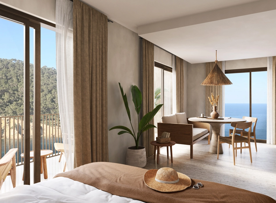 Bright coastal hotel suite with balcony ocean view, natural materials, and minimalist furniture in hospitality design interior style.