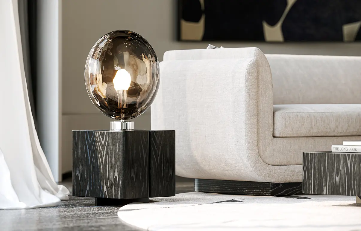 A 3D product rendering of a modern beige sectional sofa with a chaise lounge, set in a minimalist living room with polished concrete flooring and floor-to-ceiling glass windows offering serene outdoor views.