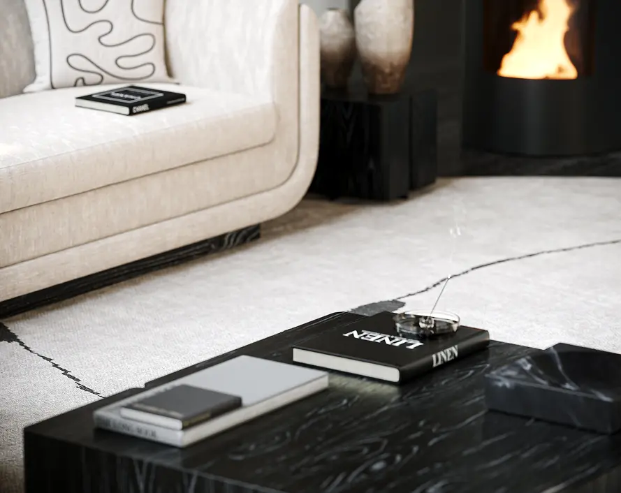A rustic coffee table adorned with a spherical glass lamp and earthy ceramic bowls, complemented by a textured rug, skillfully designed as a 3D product rendering.