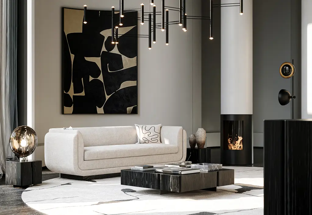 A 3D product rendering showcasing a sculptural green sofa with a curved design, paired with a unique wooden coffee table and artistic wall decor in a refined living room.