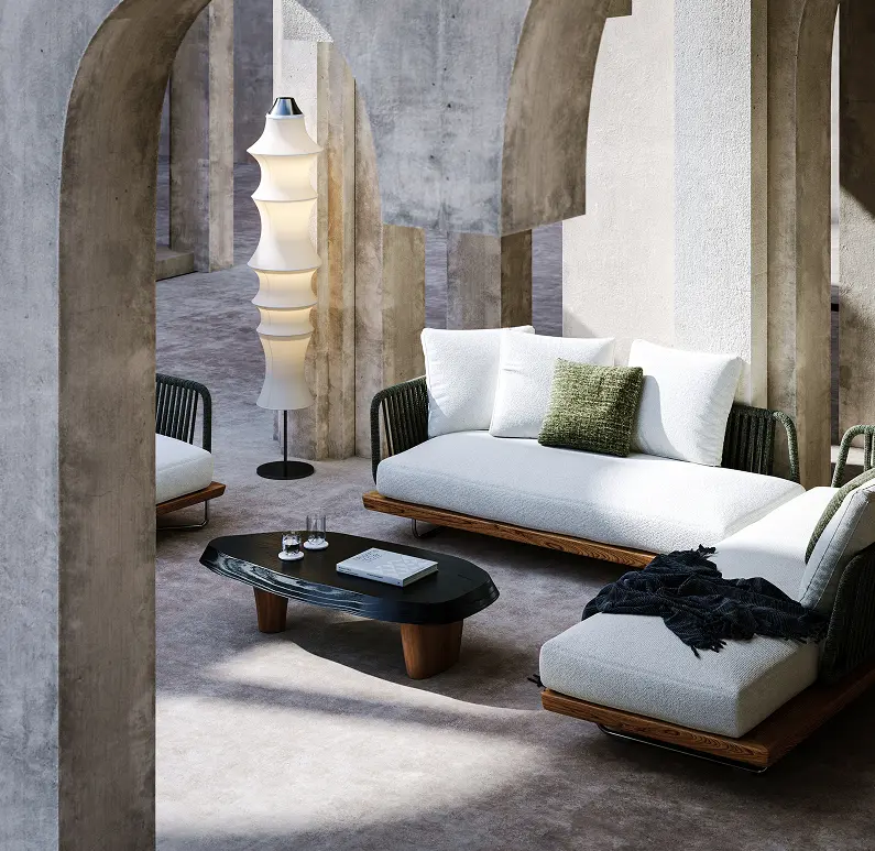 A cozy corner with a beige chair and a round table, accompanied by a vibrant green potted plant and textured striped wallpaper, captured through a realistic 3D product rendering.