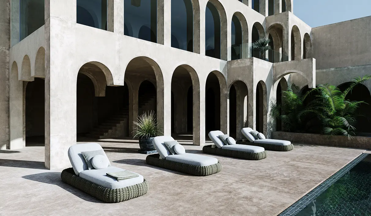 3D product rendering of a dining room setup featuring a glass table with modern wooden chairs, illuminated by a suspended minimalist pendant light and accent wall sconces. The dark blue walls add contrast and depth.