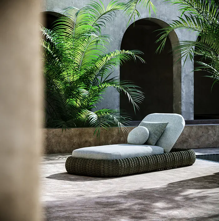 Close-up 3D rendering of modern wall sconces, designed with concentric metallic rings that radiate light, mounted on a textured blue wall.