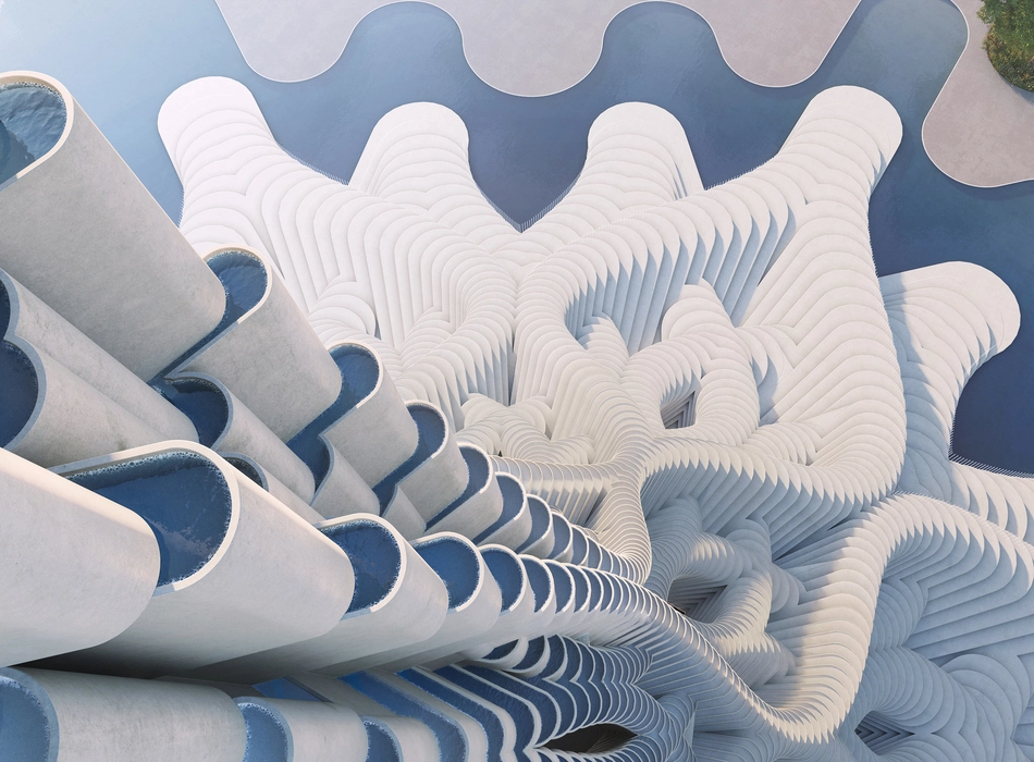 Sustainable architecture renderings showing a detailed close-up of a parametric tower base with flowing, layered concrete geometry and integrated water features.