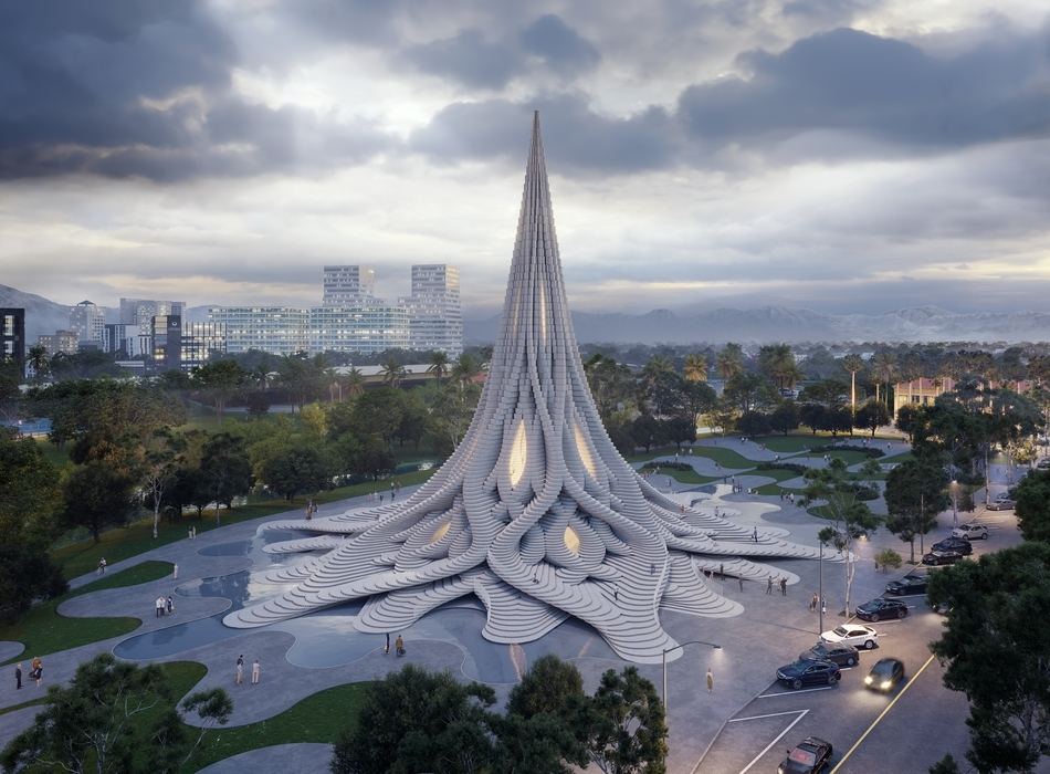 Sustainable architecture renderings of a sculptural biomimetic tower rising from a landscaped urban park, featuring layered organic forms, integrated lighting, and pedestrian-friendly public space.