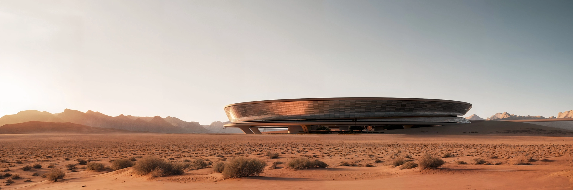 Sustainable architecture renderings of a futuristic circular building elevated above a desert landscape, emphasizing passive design, shading, and minimal environmental impact.