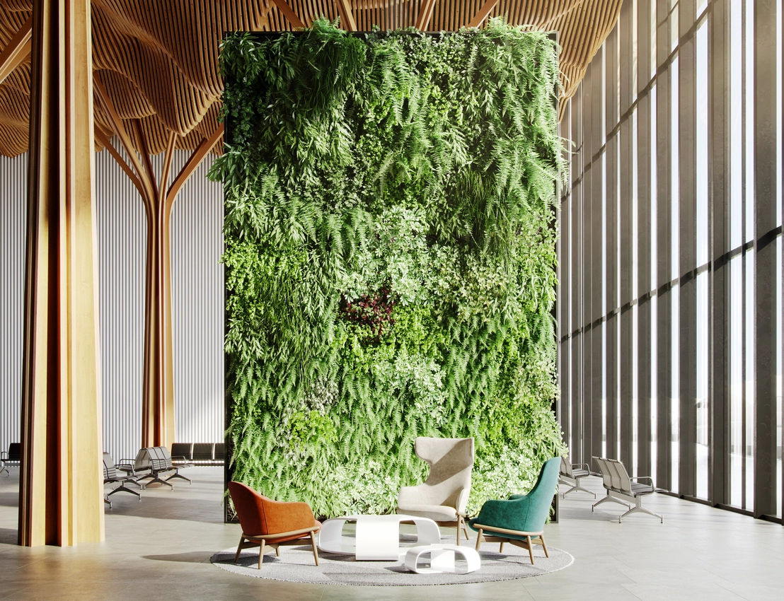 Sustainable architecture renderings of a bright interior featuring a large vertical green wall, natural wood ceiling structures, and eco-friendly lounge seating.
