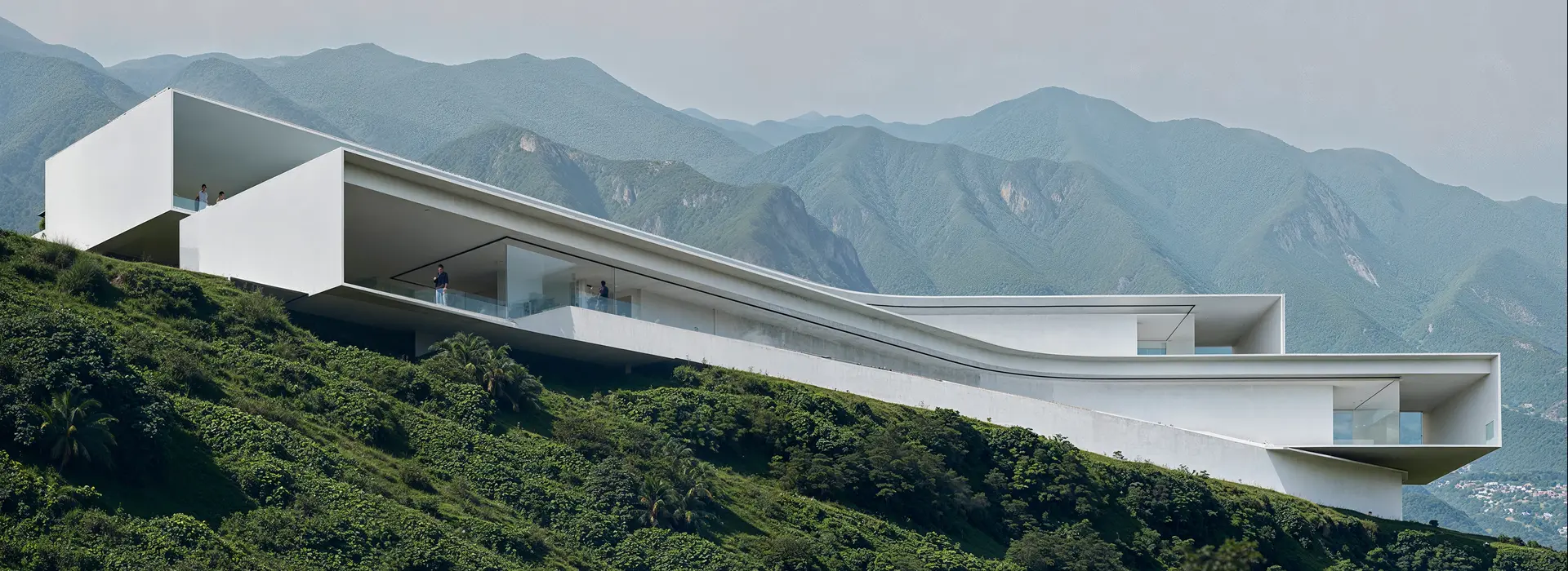 Photorealistic architectural rendering of a minimalist white hillside residence with sweeping horizontal lines, cantilevered volumes, and panoramic mountain views in a serene natural setting.