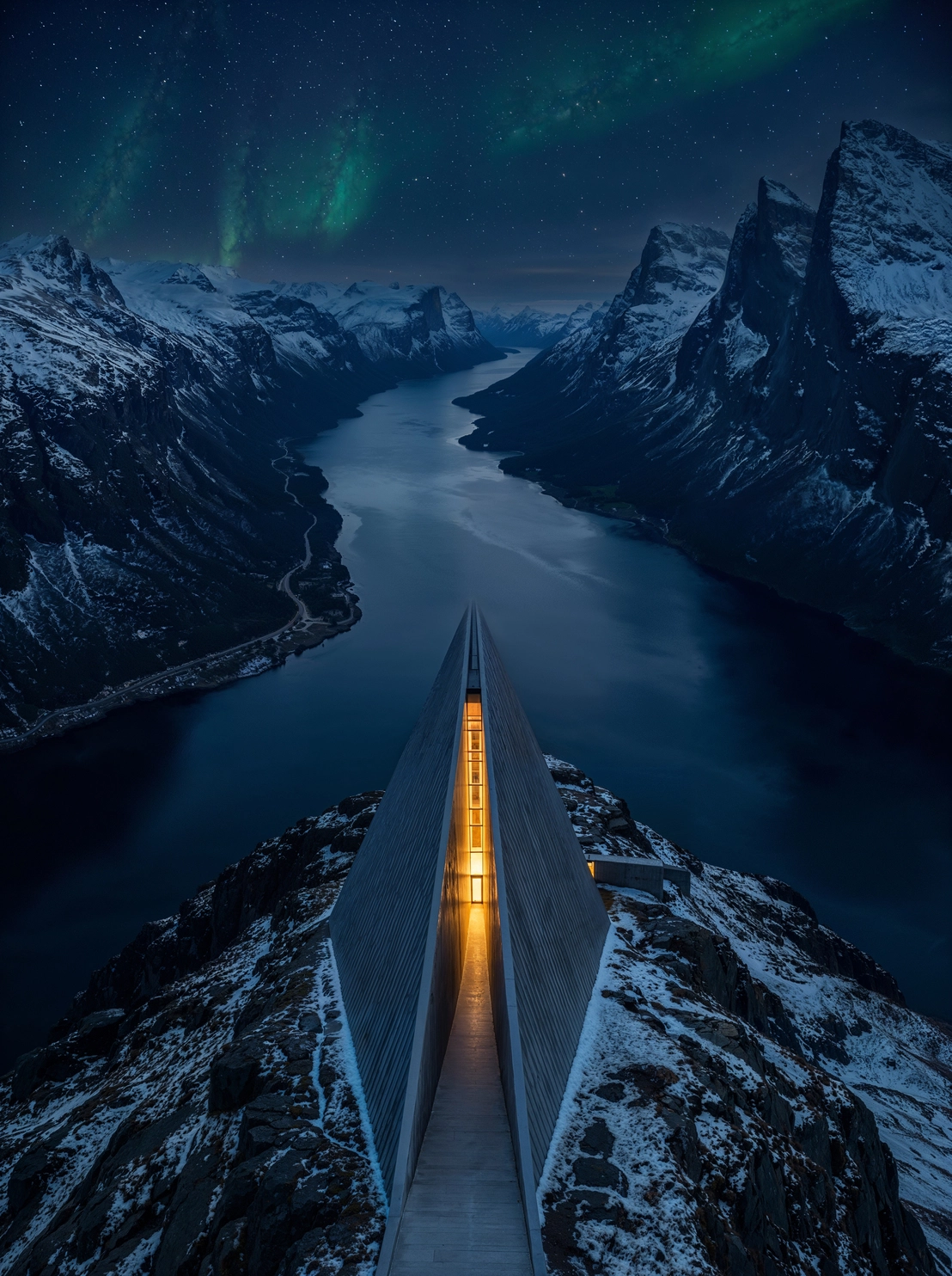 Photorealistic architectural rendering of a dramatic fjord landscape at night featuring a narrow, illuminated modern structure extending along a mountain ridge under the northern lights and star-filled sky.