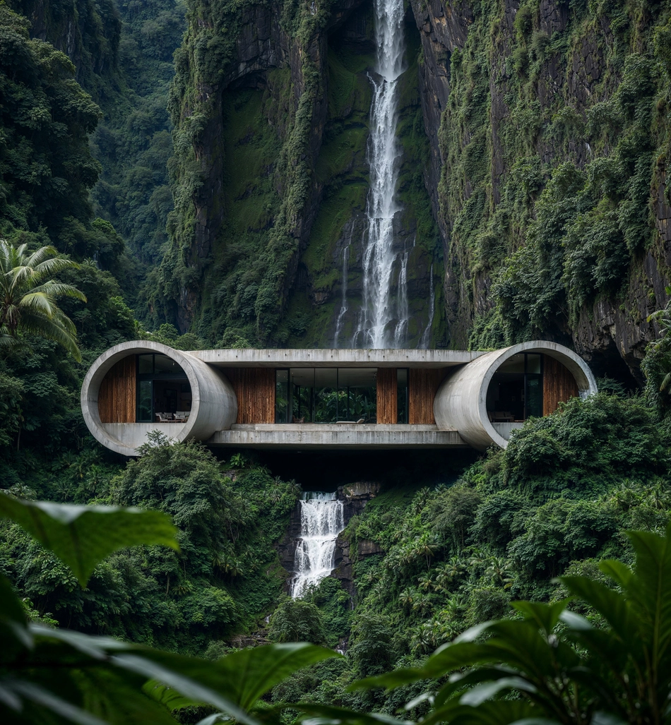 Photorealistic architectural rendering of a contemporary concrete residence embedded in a lush tropical cliffside, with cylindrical forms framing a tall cascading waterfall in dense greenery.