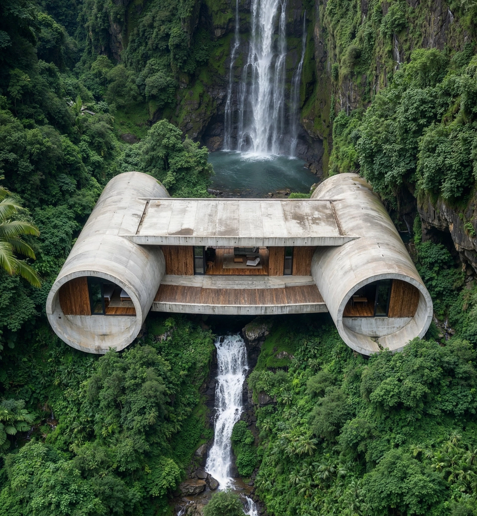 Photorealistic architectural rendering of a modern cylindrical villa spanning a verdant canyon, positioned above layered waterfalls and surrounded by dense tropical forest.