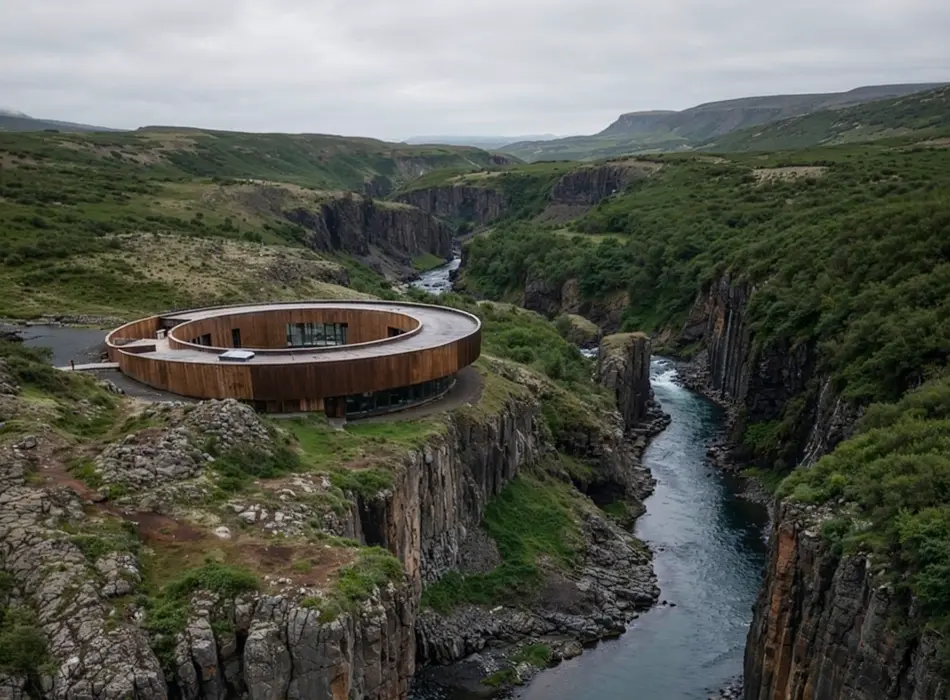 Aerial view of ring-shaped house above canyon river, cinematic 3D visualization raising the question will ai replace 3d artists in large-scale projects