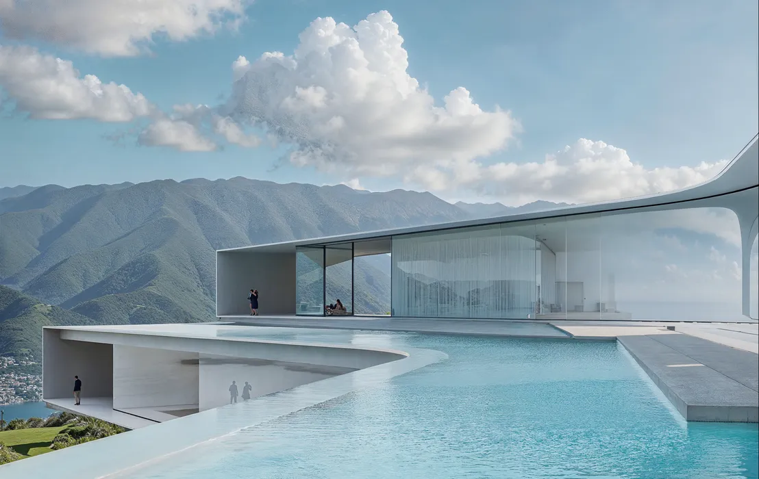 Futuristic luxury home with infinity pool overlooking mountains, high-end render questioning will ai replace 3d artists in photorealistic design