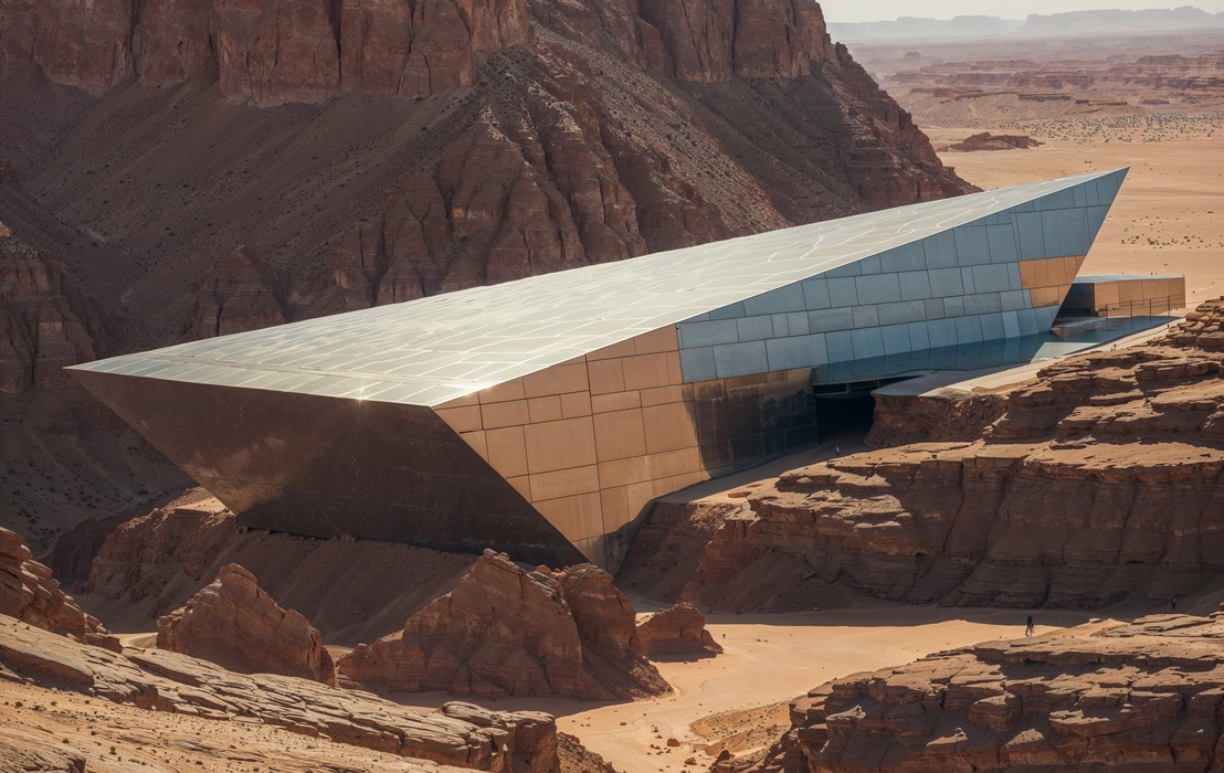Futuristic angular structure embedded in desert canyon, sci-fi architectural render illustrating debate will ai replace 3d artists in creative industries