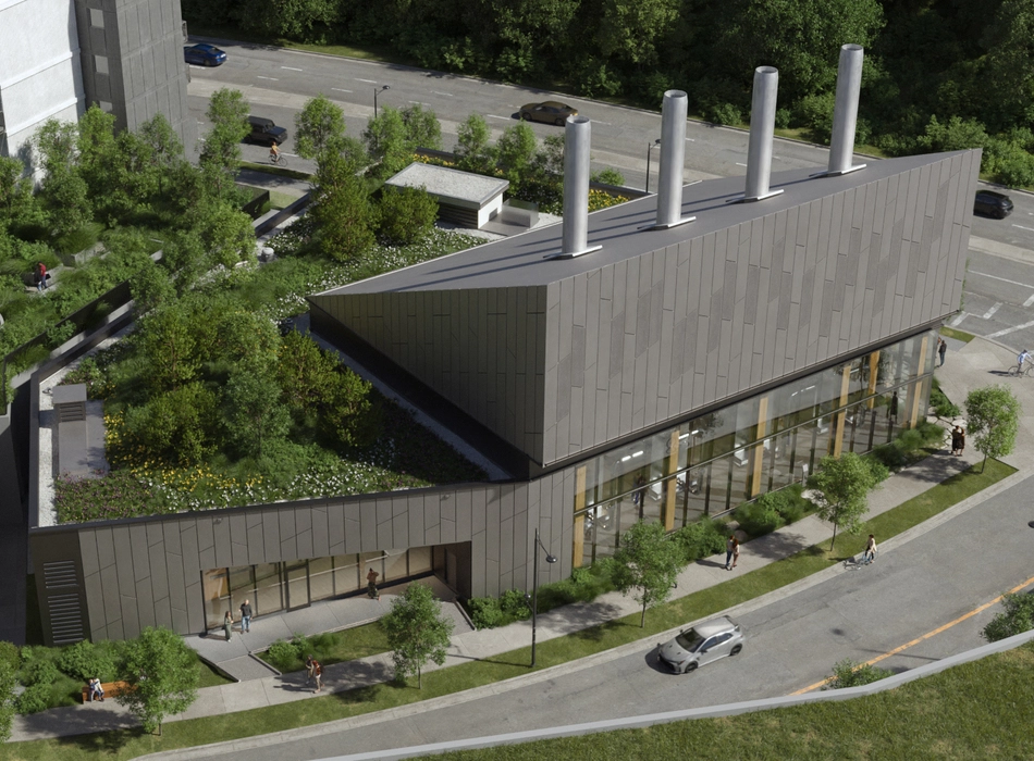 3d industrial rendering of a sustainable energy plant with angular metal cladding, rooftop exhaust stacks, green roof landscaping, and large transparent industrial facade.