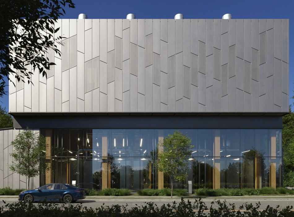 3d industrial rendering of a contemporary industrial utility building with metallic facade panels, full-height glass frontage, and clean urban streetscape landscaping.