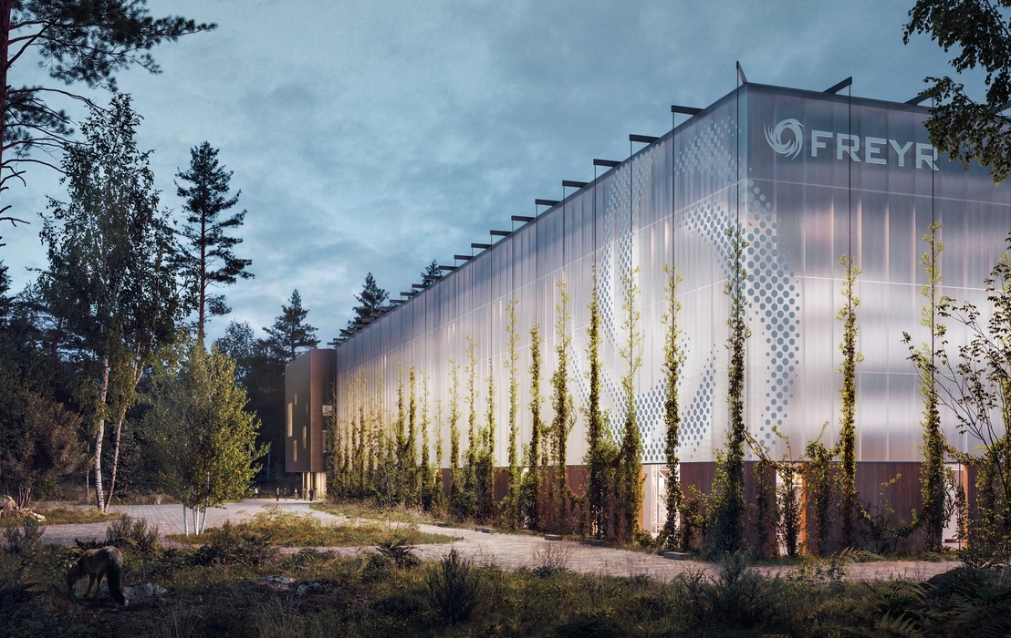 3d industrial rendering of a large industrial manufacturing facility with translucent facade panels, illuminated exterior, vertical greenery, and forest-integrated sustainable plant design.