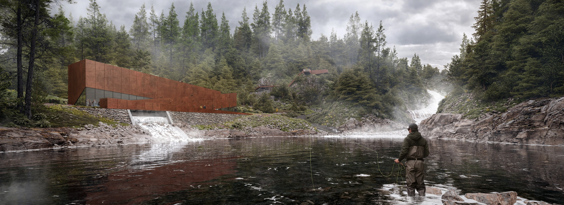 3d industrial rendering of a hydroelectric power station integrated into a forest river landscape with rust-colored corten steel facade, cascading waterfall, and natural rocky surroundings.