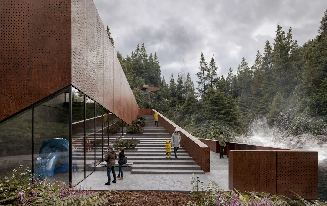 3d industrial rendering of a modern hydroelectric facility entrance with perforated corten steel cladding, large glass walls, outdoor stair access, and dramatic waterfall backdrop in a woodland setting.