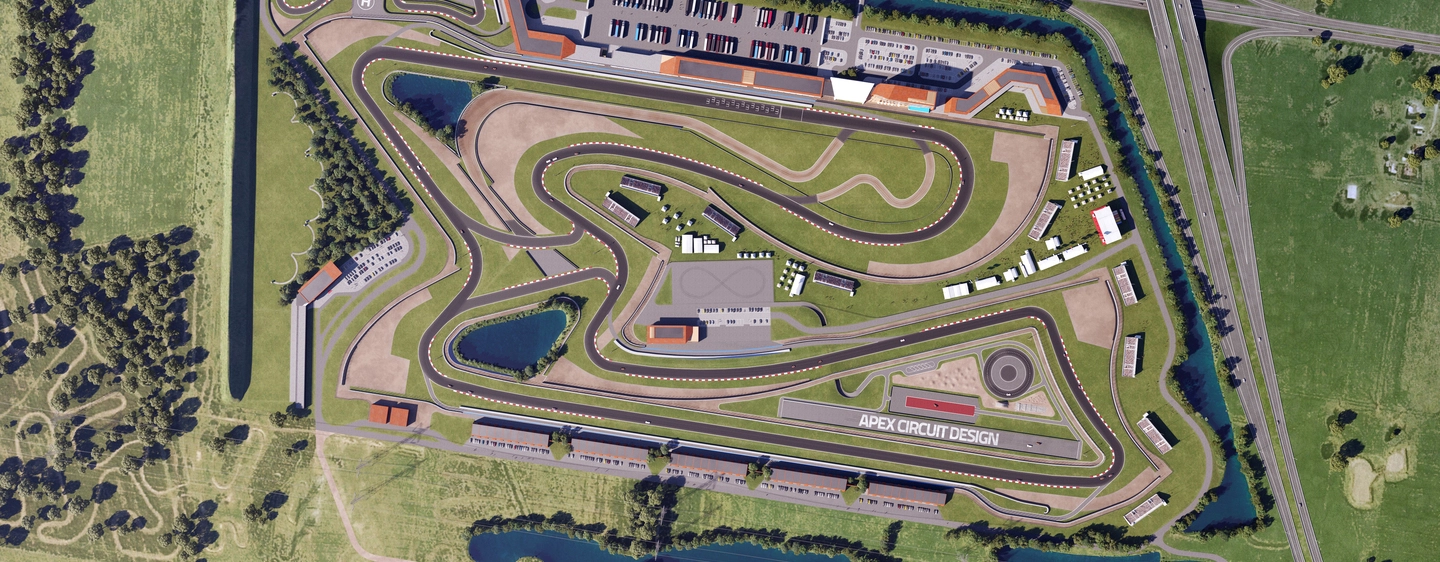 3D rendering in Adelaide of a top-down aerial view of a racetrack layout with detailed curves, facilities, and surrounding roads.