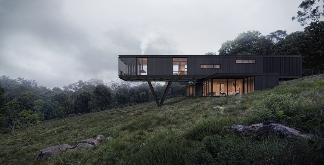 3D rendering in Adelaide of a sleek elevated house set in a misty landscape with dark exterior finishes and large glass panels.