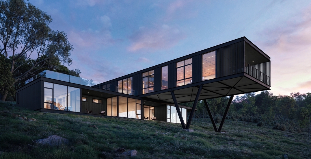 3D rendering in Adelaide of a striking modern hillside home with cantilevered structure and panoramic windows at dusk.