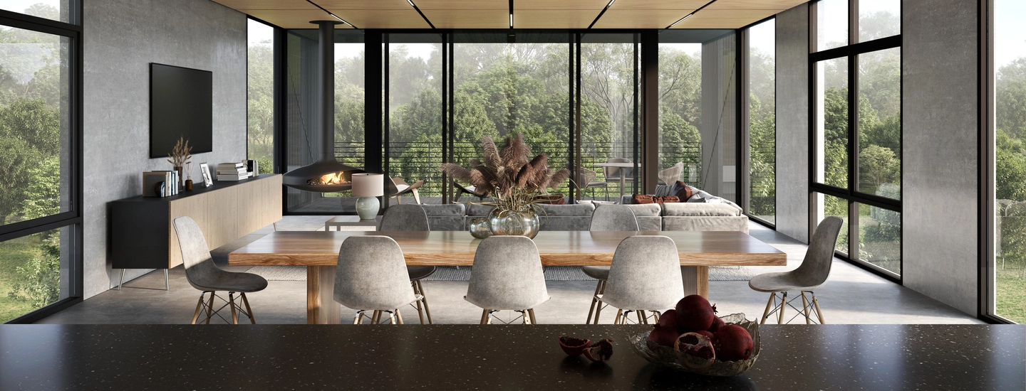 3D rendering in Adelaide of an open-plan dining and living area with modern furniture, fireplace, and expansive glass walls facing nature.