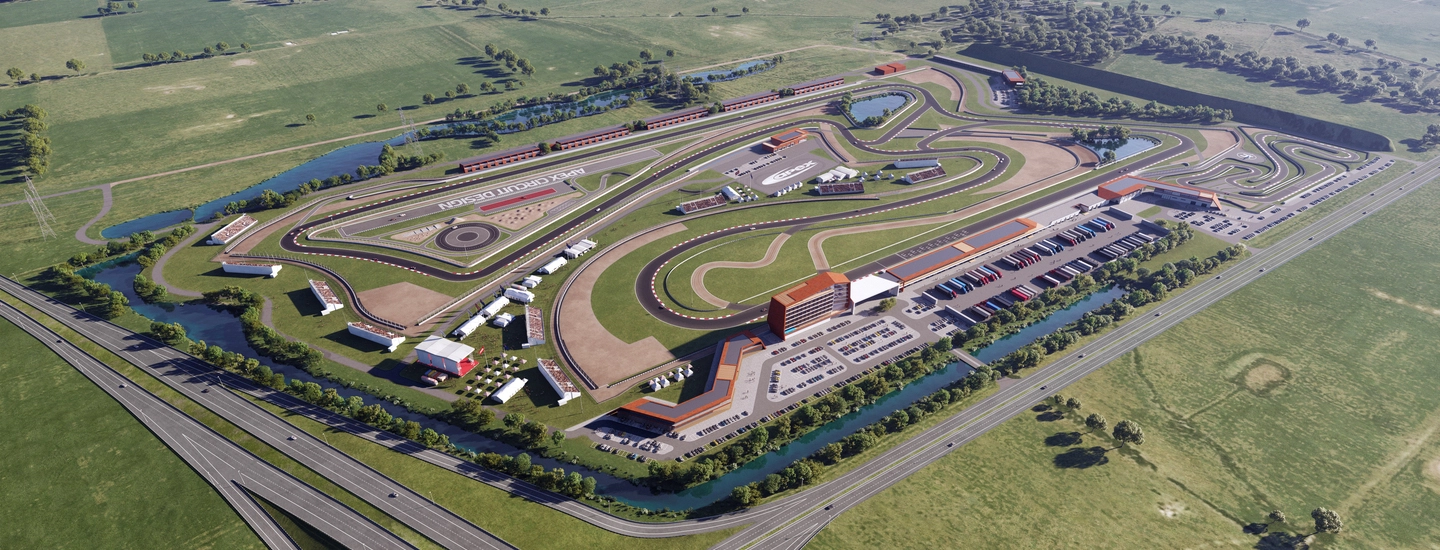 3D rendering in Adelaide of a large motorsport circuit masterplan featuring winding tracks, grandstands, and surrounding countryside.