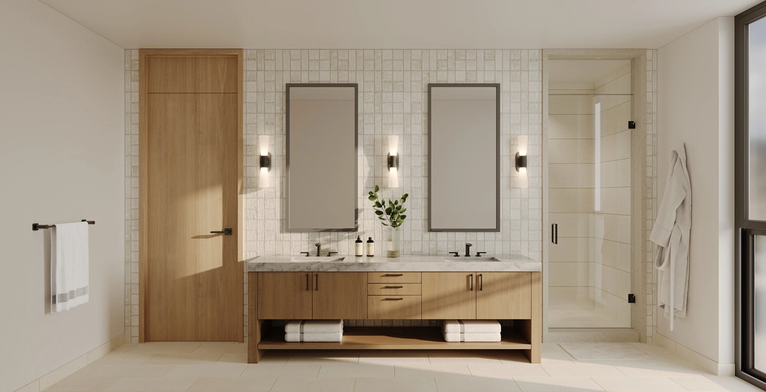 3D rendering in Adelaide of a minimalist bathroom with double vanity, wooden cabinetry, and a glass-enclosed shower in soft natural lighting.