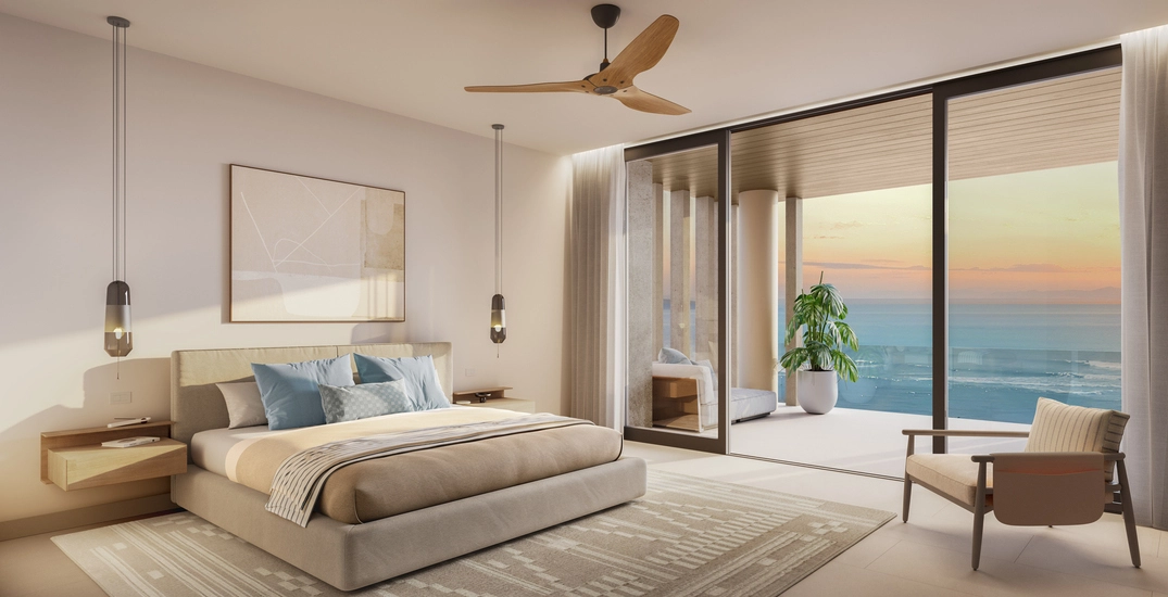 3D rendering in Adelaide of a contemporary coastal bedroom with ocean views, neutral tones, and a private balcony at sunset.