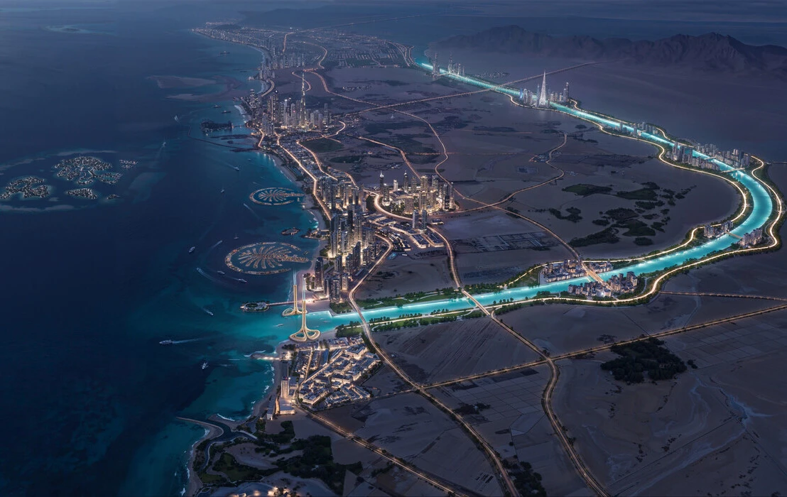Nighttime aerial view of Strait of Union 3d visualization infrastructure projects showcasing illuminated waterways, futuristic desert smart cities, modern maritime infrastructure, and luxury coastal developments