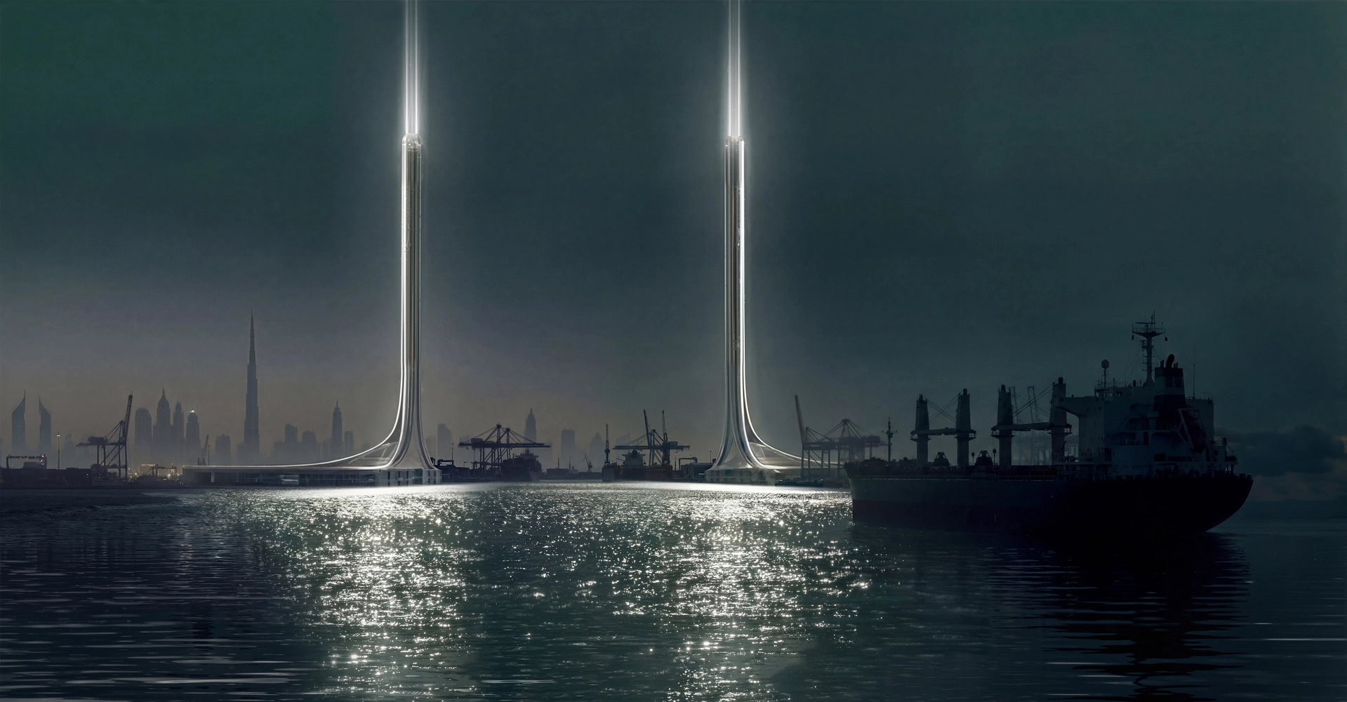3d visualization infrastructure projects concept for Strait of Union with iconic illuminated gateway towers, cargo ports, reflective waterways, and futuristic transportation infrastructure