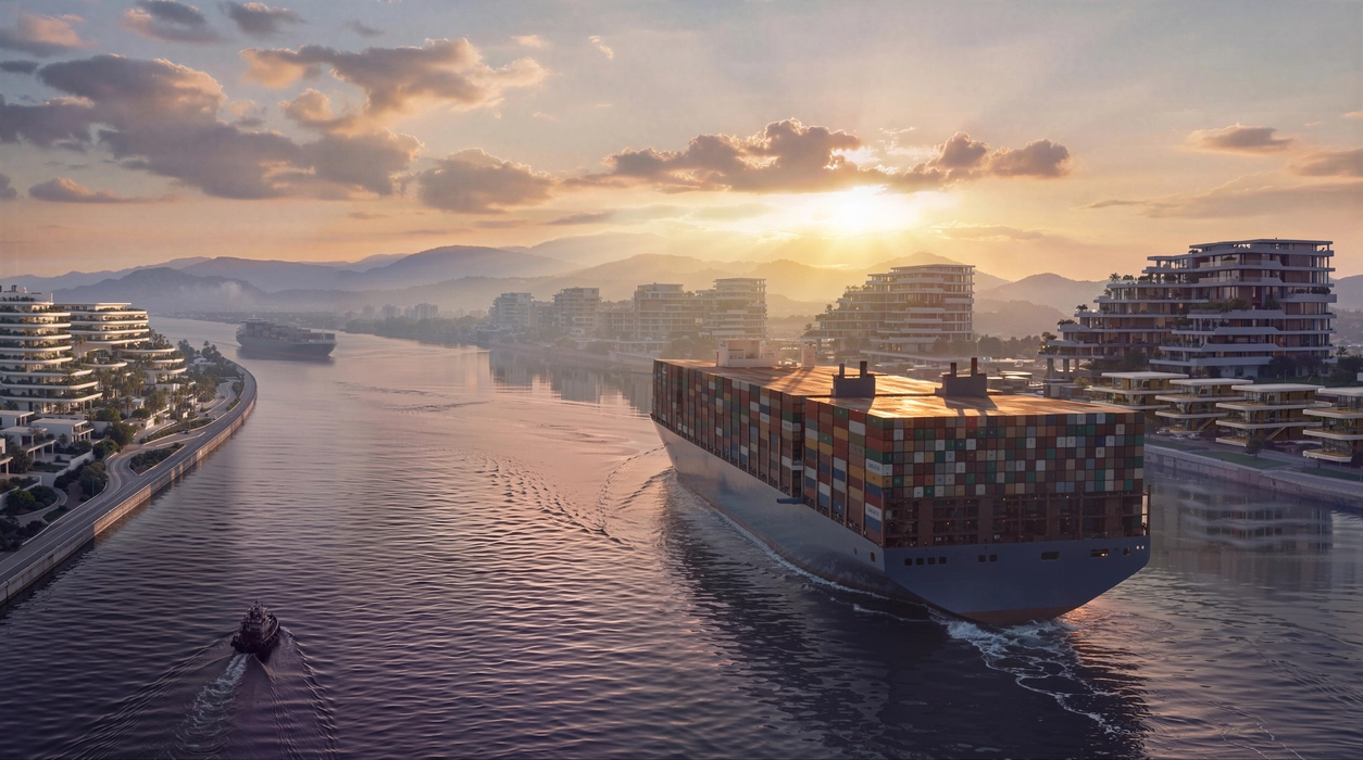 Strait of Union 3d visualization infrastructure projects showing advanced maritime trade canals, container shipping routes, modern mixed-use developments, and sustainable urban waterfront architecture