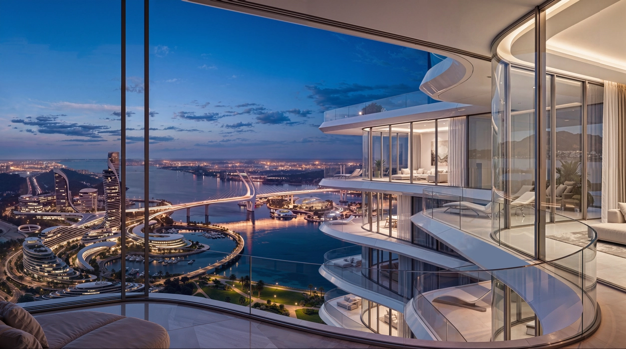 3d visualization infrastructure projects for Strait of Union featuring futuristic waterfront skyscrapers, luxury curved glass residences, illuminated bridges, and a smart coastal city skyline at dusk