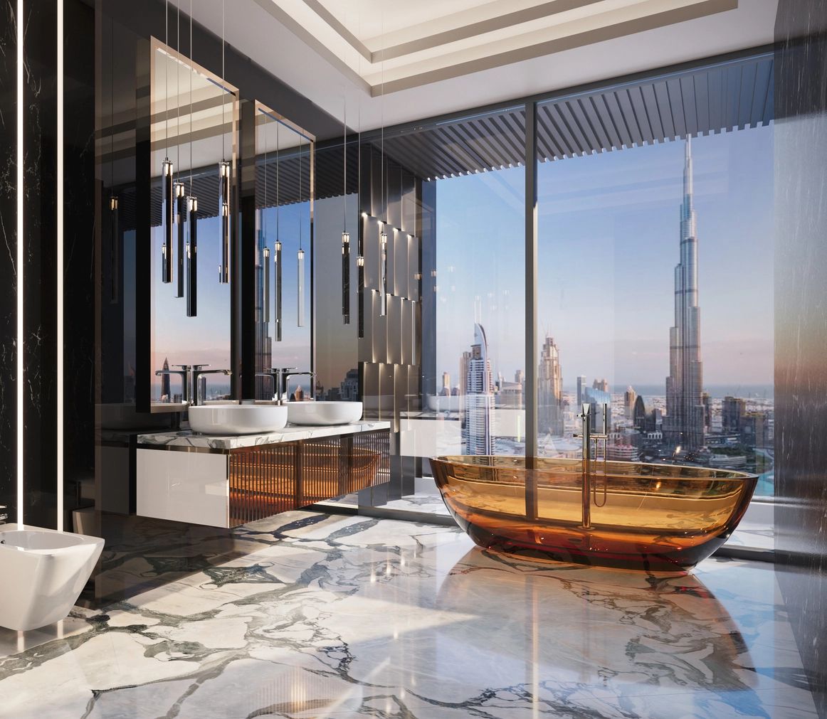 Premium 3d bathroom rendering of a luxury high-rise bathroom with dramatic pendant lighting, marble flooring, freestanding amber bathtub, and skyline views.