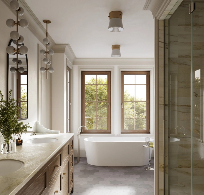 Elegant 3d bathroom rendering featuring a freestanding bathtub, double vanity, large windows, and refined classic interior details with natural light.