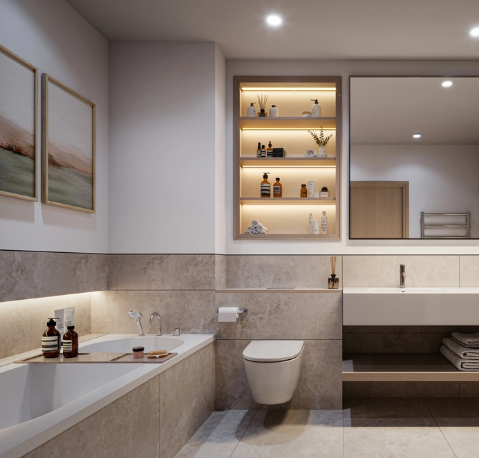Modern 3d bathroom rendering of a warm neutral bathroom with built-in shelving, recessed lighting, floating vanity, and minimalist bathtub design.
