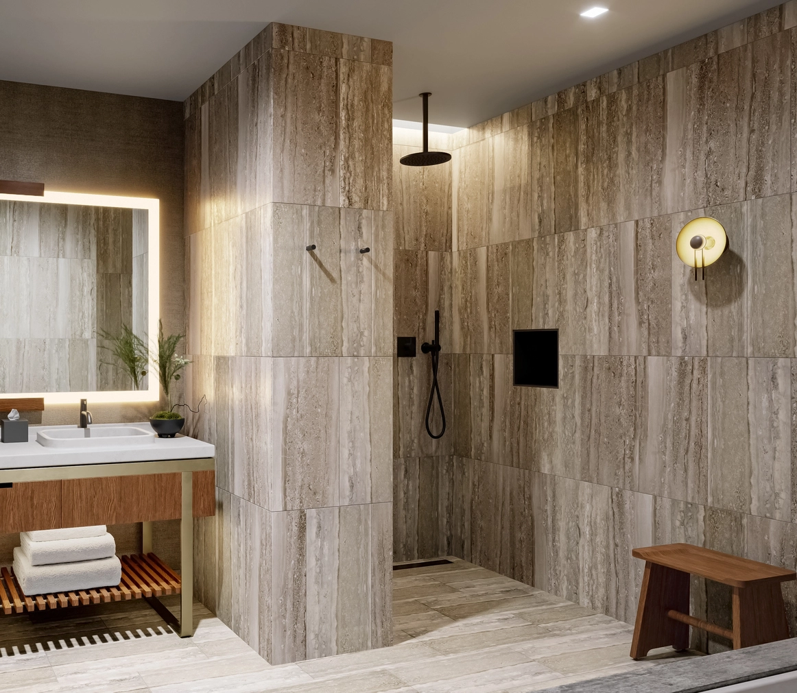 Spa-style 3d bathroom rendering showcasing textured stone walls, walk-in rainfall shower, wood accents, and soft ambient lighting.