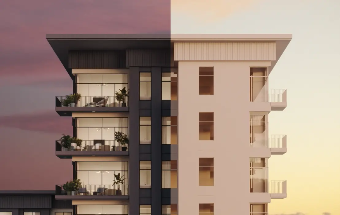 A split-view of a 3D-modeled residential building in Dubai, showing two different lighting conditions, contrasting sunset on the left and daylight on the right. The building features wide balconies and large windows, emphasizing modern design.