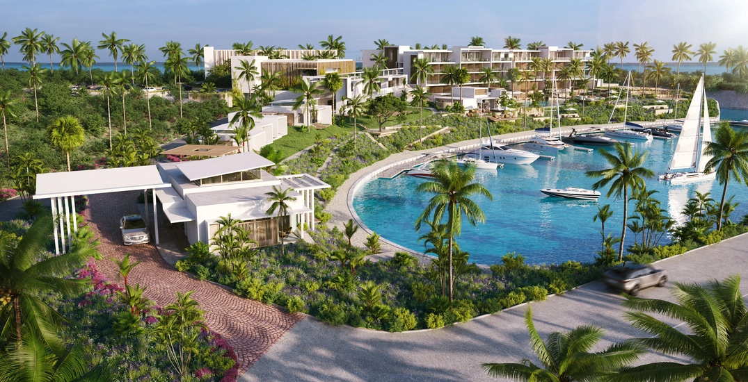 A modern marina resort with luxury villas, yachts, and lush landscaping, highlighting the resort's amenities and waterfront location. This illustrates the power of hospitality 3D rendering in presenting comprehensive and enticing resort layouts.