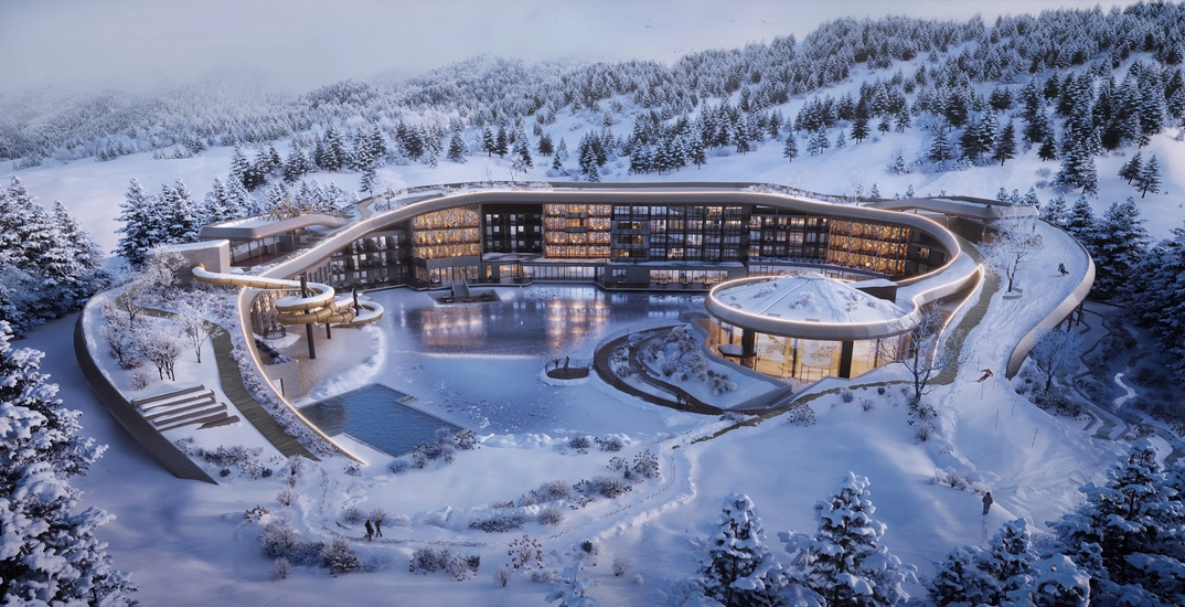 A luxurious, modern resort nestled in a snow-covered mountainous landscape, showcasing the main building with an intricate architectural design. This demonstrates the potential of hospitality 3D rendering to visualize complex structures and create stunning winter resort imagery.