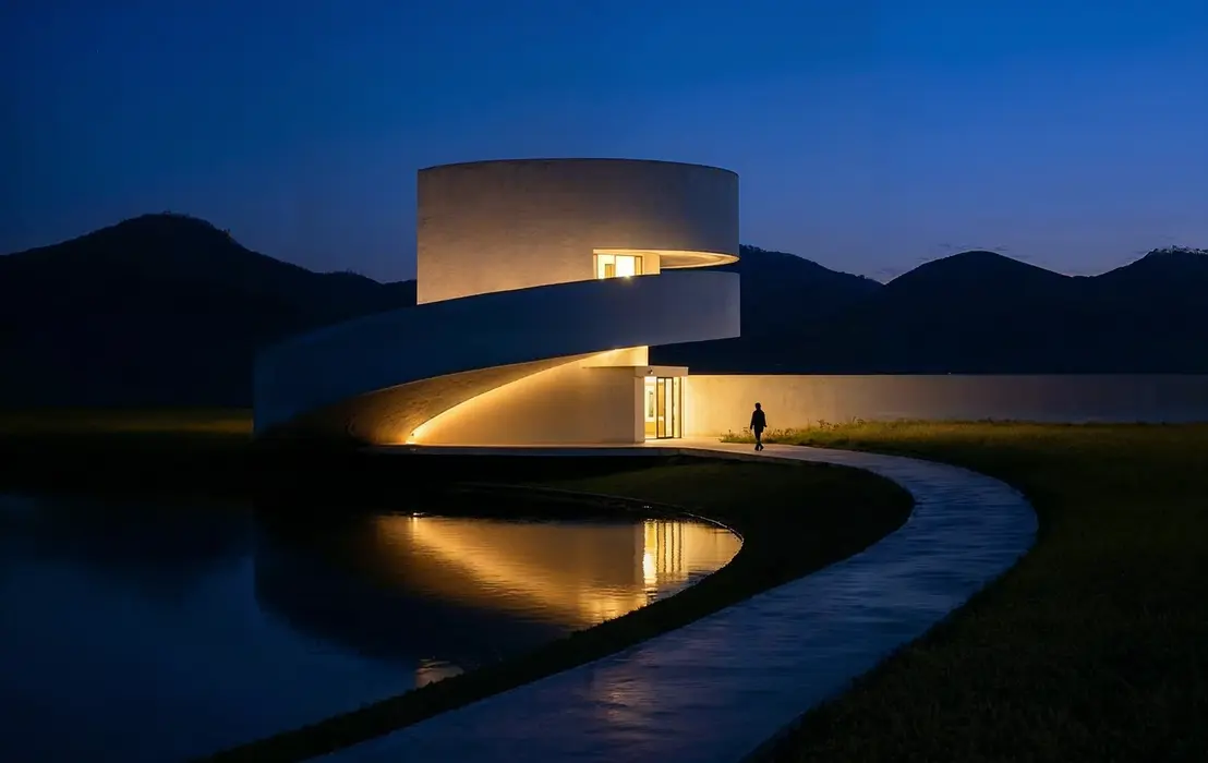 How to make an architecture portfolio using a modern spiral building render with warm night lighting by a lake.