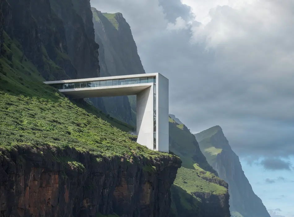 How to make an architecture portfolio with a minimalist cantilevered house set against dramatic green cliffs.