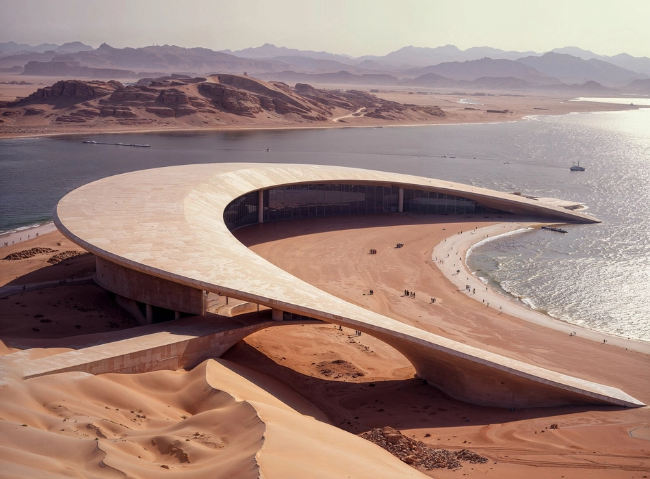 How to make an architecture portfolio featuring a sweeping desert museum design beside water and mountain landscapes.