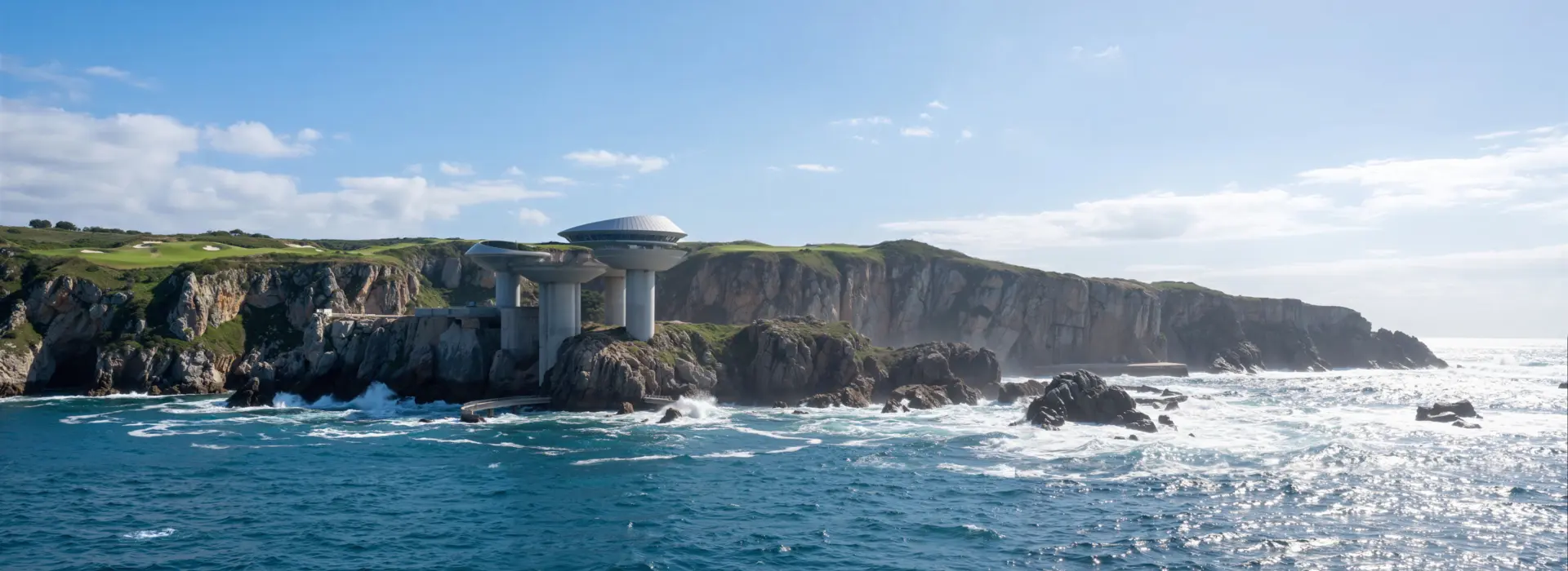 How to make an architecture portfolio with a futuristic cliffside coastal building integrated into rocky ocean terrain.