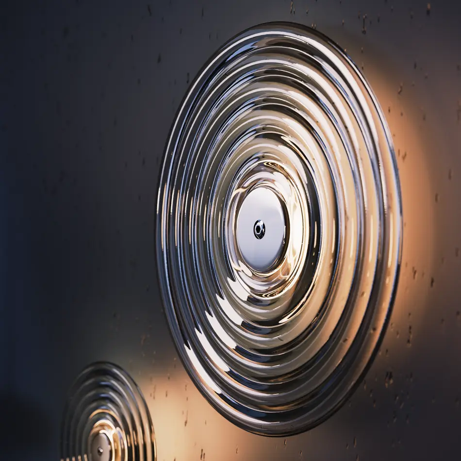 3d interior lighting close-up rendering of circular glass wall sconces glowing against a dark textured interior wall.